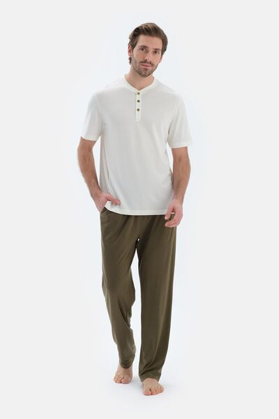 Dagi Ekru Kısa Kollu Yarım Patlı Tişört Pantolon Pijama Takımı