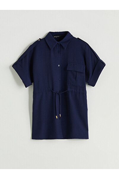 LC Waikiki Lcw Comfort Navy Blue Dobby Oversize Women's Shirt