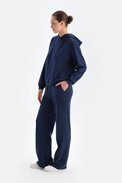 Dagi Navy Blue Wide Leg Ribbed Basic Modal Trousers