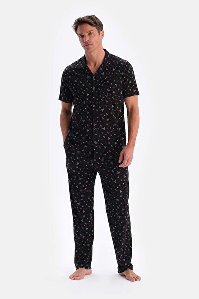 Dagi Black Metry Printed Cotton Modal Shirt Pants Pajama Set