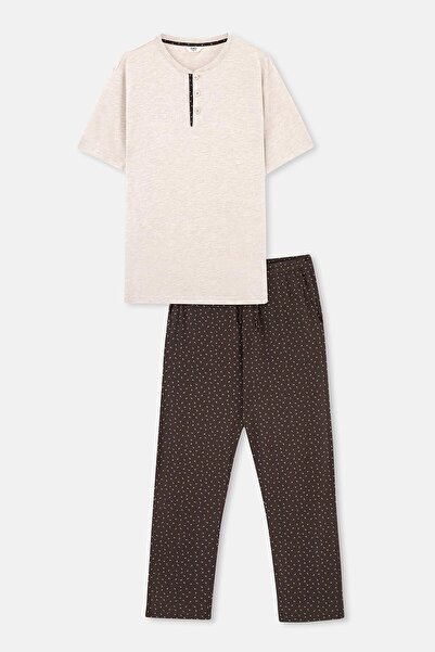Dagi Set de pijamale din bumbac cu mâneci scurte, cu jumătate de clapă, bej