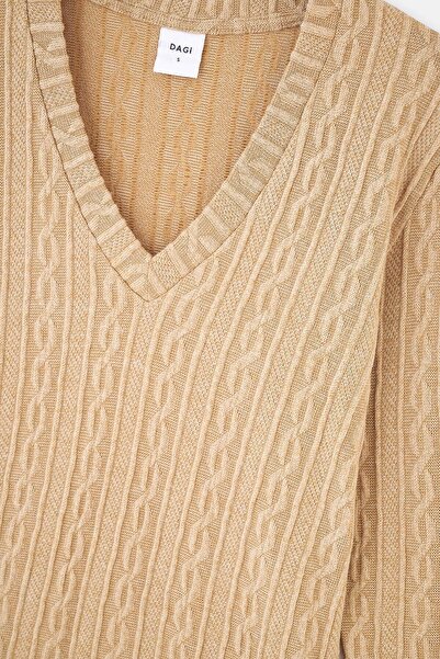 Dagi Отворена кафе V-образно деколте дълъг ръкав плетен суитшърт