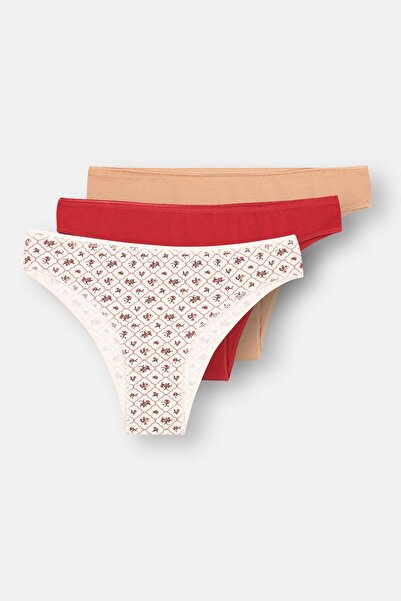 Dagi Ecru-Red-Milk Brown Women's 3-Piece Patterned Brazilian Panties