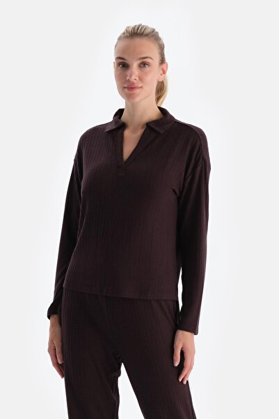 Dagi Tricou cu guler polo cu detaliu tricotat maro închis