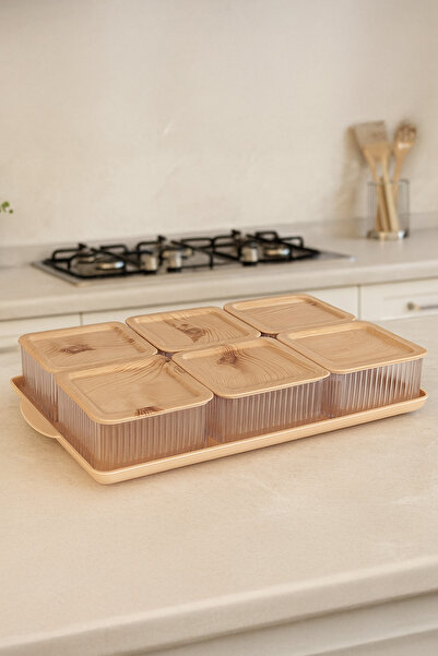 Kitchen Life 7 Piece Bamboo Look Breakfast Set with Trays - Square Breakfast Bowl Set Storage Container