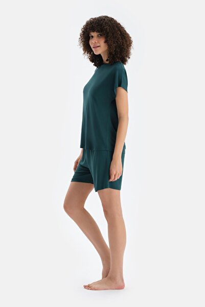 Dagi Dark Green Off Shoulder Short Sleeve Viscose T-Shirt Shorts Pajama Set