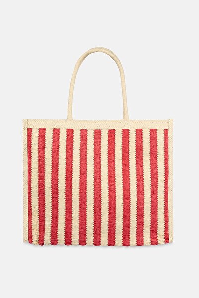 Dagi Ecru-Red Women's Stripe Patterned Straw Beach Bag