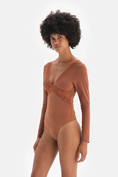 Dagi Brown Lace Detailed String Form Micro Bodysuit