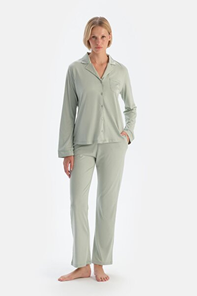 Dagi Satin Textured Mint Green Shirt and Pants Pajama Set