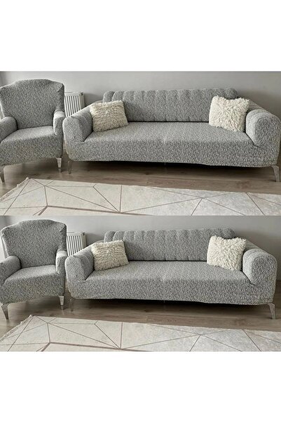 Mahperi Home Lüks Jakarlı Düz Keten Koltuk Kanepe Örtüsü Takımı 3-3-1-1..