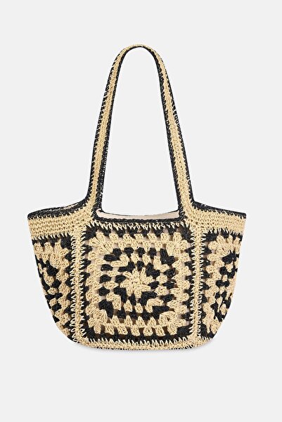 Dagi Ecru-Black Women's Ethnic Pattern Knitted Beach Bag