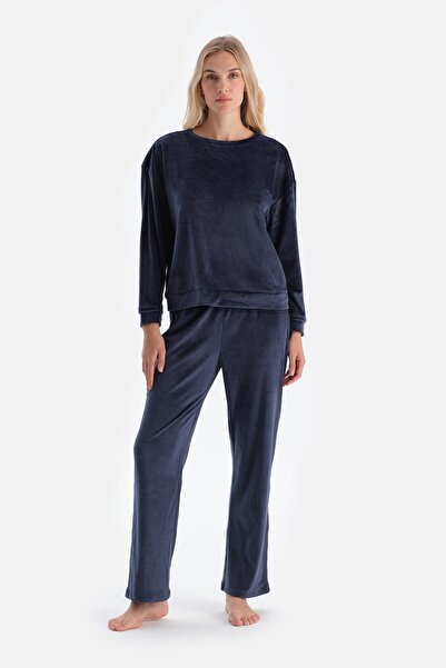 Dagi Navy Blue Crew Neck Long Sleeve Velvet Pajama Set