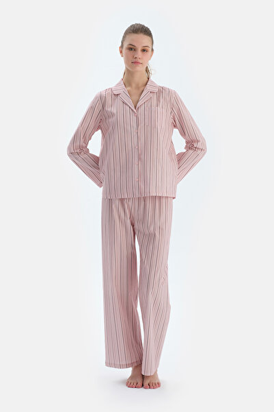 Dagi Açık Pembe Çizgili Dokuma Pantolon