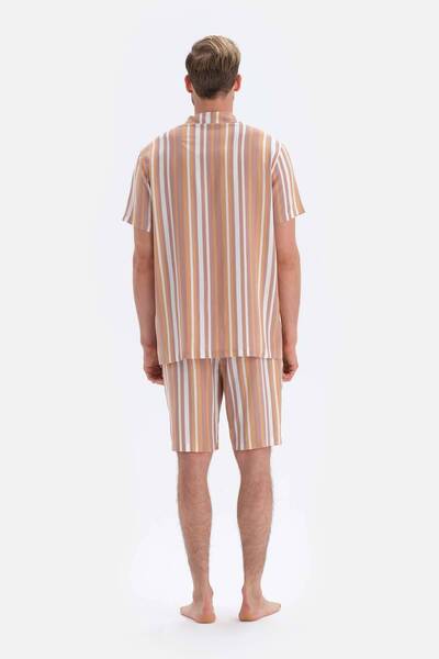 Dagi Καφέ ριγέ πουκάμισο γιακά σορτς υφαντό σετ πιτζάμες
