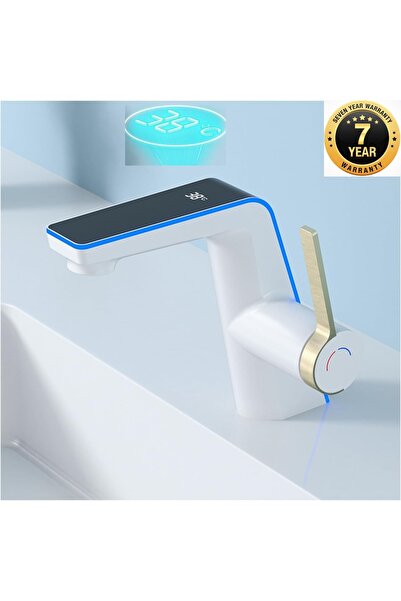 OEM AKILLI DİJİTAL SICAKLIK LED EKRAN BANYO LAVABO BATARYASI BEYAZ GOLD 2 AKI...