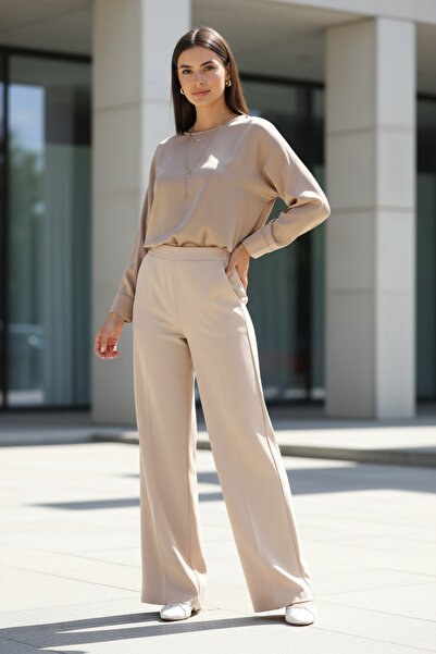 PASTELASTORE Light Beige Back Elastic High Waist Wide Leg Palazzo Women's Casual Fabric Pants 2345