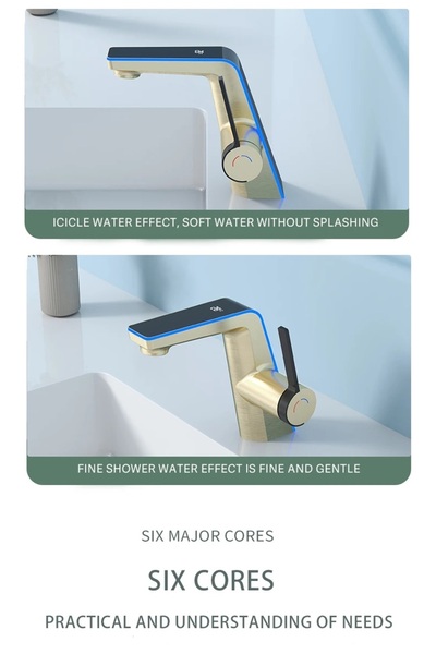 OEM Smart Digital Temperature Led Screen Bathroom Sink Faucet Mat Gold 2 Flow Adjustment Imported 7 Years Warranty
