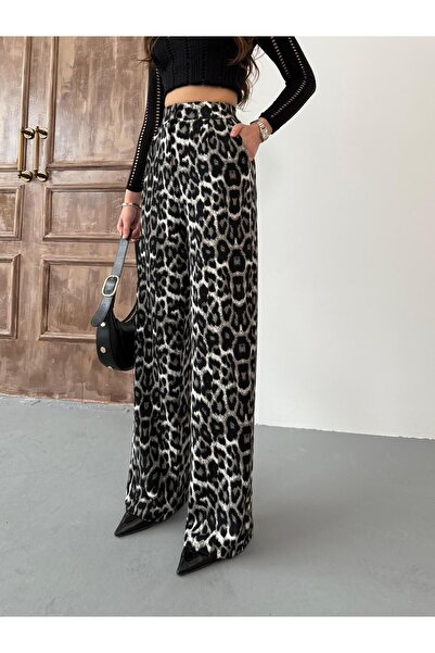 BİKELİFE Női leopárd szövet Lycra Palazzo bő, széles szárú nadrág