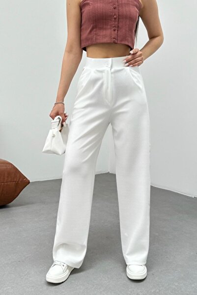 BİKELİFE Women's White Lycra Palazzo Loose Wide Leg Trousers
