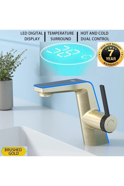 OEM Smart Digital Temperature Led Screen Bathroom Sink Faucet Mat Gold 2 Flow Adjustment Imported 7 Years Warranty