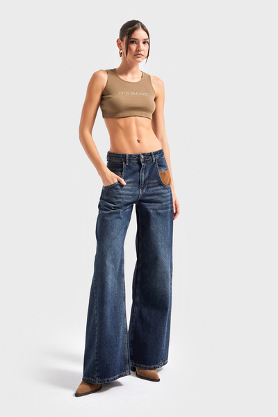 its basic Women's Denim Color 2W5-8 Palazzo Fit Pocket Detailed Super Loose Cut 100% Cotton Inner Length 83cm Denim Jean