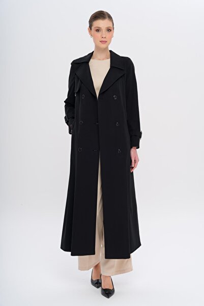 Olcay Double Breasted Leopard Pattern Lined Water Repellent Long Trench Coat Black 6747