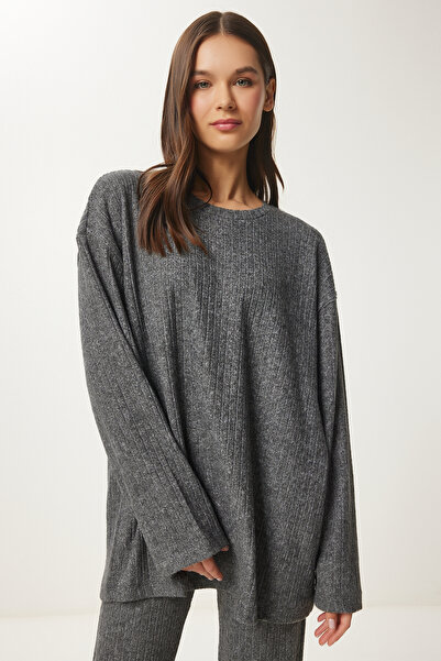 Lovelyİstanbul Rahat Fitilli Örme Bluz Pantolon Takım ANTRASİT LRG0014