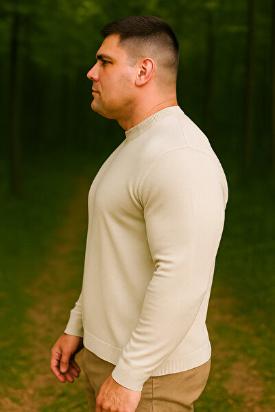Maccali Men's Plus Size Loose Basic Cream Sweat Knitwear Sweater