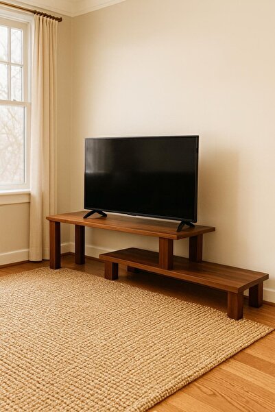 pinoxi Masif Ahşap Tv Sehpası 2 Katlı 120 Cm Doğal Ahşap Eskitme Ceviz Renk