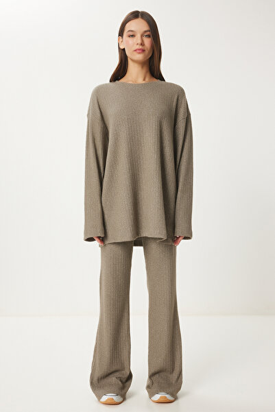 Lovelyİstanbul Set confortabil tricotat cu nervuri - Bluză și pantaloni VIZON...