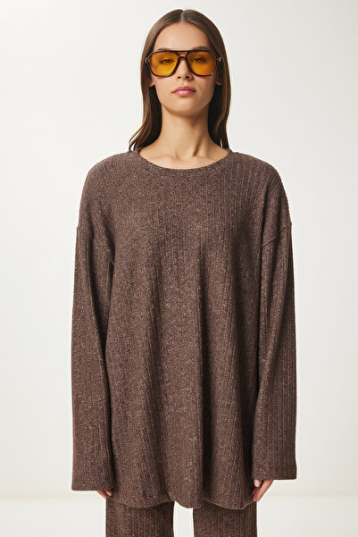 Lovelyİstanbul Brown Ribbed Knitted Blouse and Pants Set - Comfortable Lrg0014