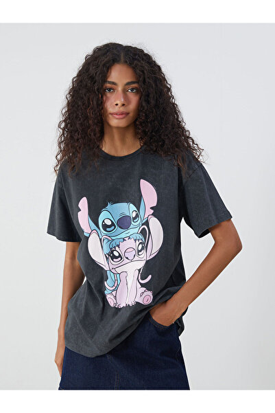 LC Waikiki XSIDE Antracit okrugla kragna Lilo & Stitch Štampano Ženska majica