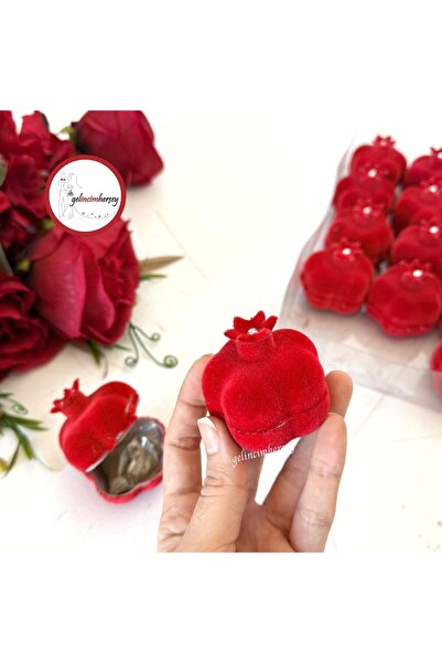 Gelincimherşey Kırmızı 20'li Taşlı Süet Kaplı Nar Şeklinde Plastik Kutu Kına