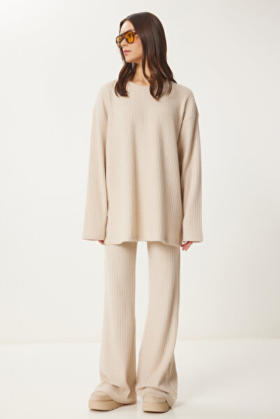 Lovelyİstanbul Ribbed Knitted Blouse and Pants Set - Cream Lrg0014