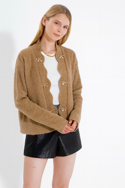 NATUFIAN STORE Women's Biscuit Bow Accessory Bearded Basic Knitwear Cardigan