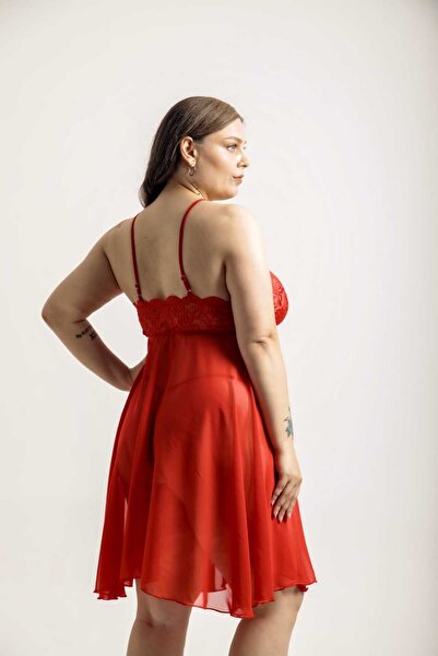 ANWELLA Plus Size Lace Detailed Chiffon Nightgown Set Tanga Included Black White Red