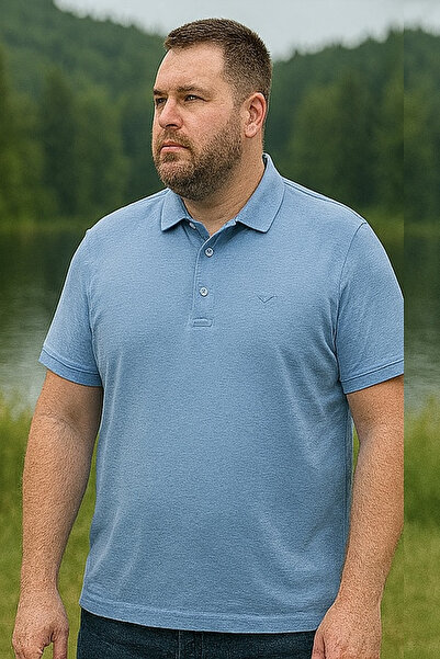 Maccali Men's Large Size Loose Basic Blue Polo Neck T-Shirt