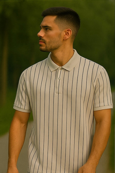 Maccali Men's Striped Loose Ecru Linen Polo Collar T-Shirt