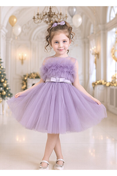 TREEMASS Abiye Kız çocuk Elbisesi Tüllü Saten İncili Düğün ve Doğum Günü