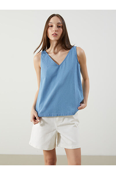 LC Waikiki LCWAIKIKI Κλασική μπλούζα Jean με λαιμόκοψη Indigo