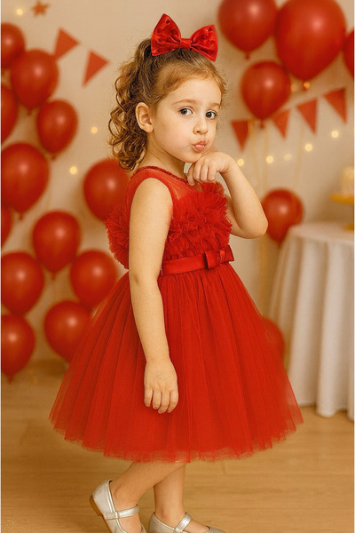 TREEMASS Abiye Kız çocuk Elbisesi Tüllü Saten İncili Düğün ve Doğum Günü