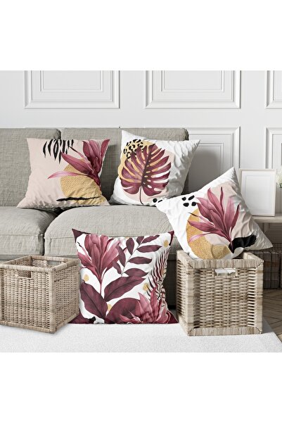 Alkan Homes 4-Piece Combination Burgundy Leaf Patterned Digital Printed Throw...