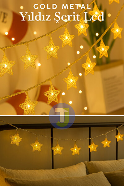 Technojet Dekoratif Yıldız Model Gold Metal Şerit Led Yılbaşı Ağaç Süsleme (10'lu)