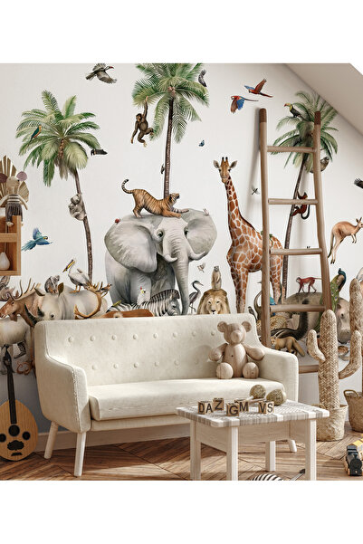 Tasarım Tropikal Hayvanlar Kolaj Çalışma Özel Palmiye Ağaçları Tropikal Duvar Kağıdı