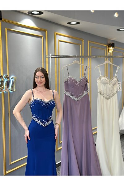 MissBetül Askılı V Taş İşlemeli Şerit Detaylı Lacivert Abiye