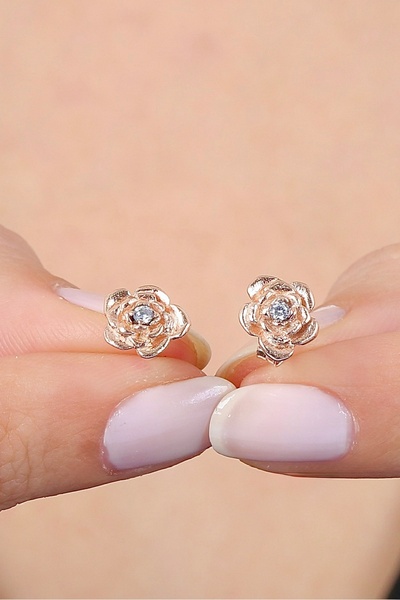 Mia Vento Minimal Gonca Rose Renk Flowers Gümüş Küpe