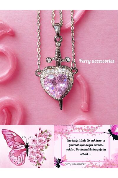 Perry Accesories pembe zirkon kalp kılıç kolye sevgili kolyesi kararmaz çelik...