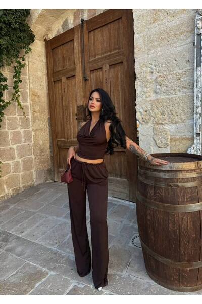 aytenli Degaje Collar Halter Backless Top Elastic Waist Pocket Lace-Up Size Genş Pants Suit