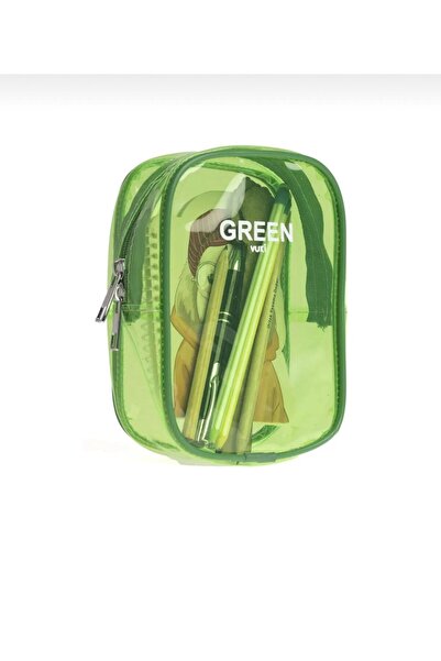 hediye butik Yeşil Renkli Şeffaf Dikdörtgen Fermuarlı Kalem Kutu & Makyaj Çan...