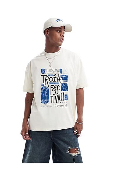 ELNOYA Unisex Cotton White Oversize "Troia" Printed Crew Neck Comfortable T-Shirt
